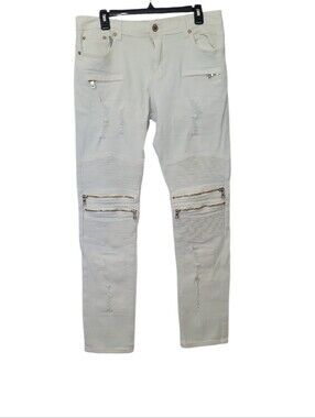 Slim Moto Jeans in Off-White with Zipper Detail 34 X 34